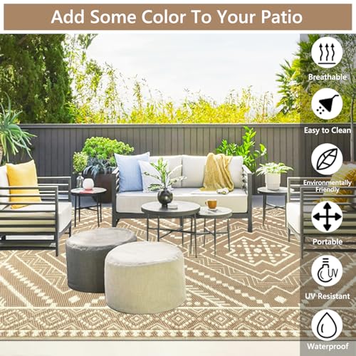 Waterproof Outdoor Rug 8x10 ft, Reversible Plastic Straw Mat, Large Floor Mat for Patio, Camping, Picnic, Backyard RV, Deck, Beige - color: Beige, size: 8' x 10'