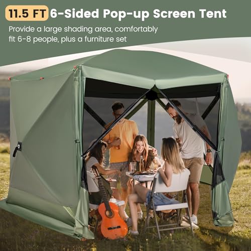 Tangkula 11.5x11.5 Ft Pop Up Gazebo with Netting, Portable Screen Tent with 6 Sided Mesh Walls, 2 Sunshade Cloths, Outdoor Instant Canopy Shelter with Carry Bag for Camping, Lawn, Backyard - color: Green, size: 11.5x11.5 Ft