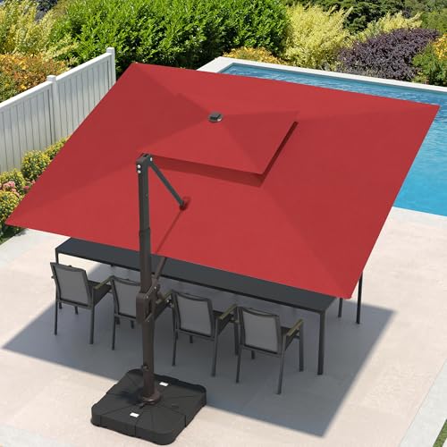 9x12 FT Cantilever Patio Umbrella with Led Lights Double Top Outdoor Rectangular Large Heavy Duty Aluminum Offset Umbrellas with 7 Level Tilt 360-degree Rotation for Pool Garden Deck, Wine Red - color: Wine Red, size: 9' X 12'-with Light