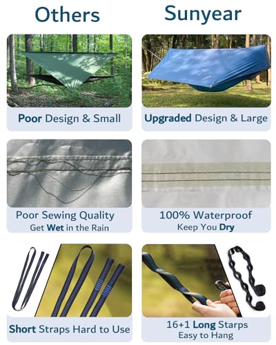 Sunyear Camping Hammock, Portable Single & Double Hammock with Net, 2 Person Hammock Tent with 2 * 10ft Straps, Best for Outdoor Hiking Survival Travel - color: Usa Green Bundle, size: 55"w*106"l (Single)