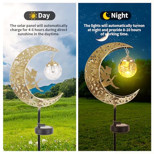 Solar Lights Outdoor Waterproof Fairy Moon Crackle Glass Lights with Metal Angel Decor for Walkway Yard Patio or Garden Gifts for Mom Grandma Friends - color: Gold Moon Fairy