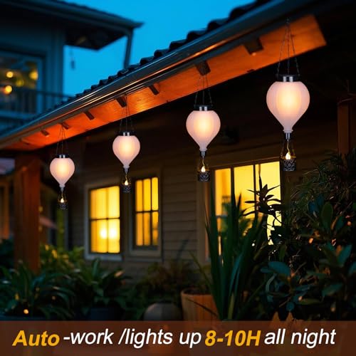 Hanging Solar Lantern Outdoor Garden Decor Hot Air Balloon Lantern with Flickering Flame Gifts for Women Grandma Mom Outdoor Hanging Light Solar Decorative Lamp for Garden Patio Yard and Home - color: White