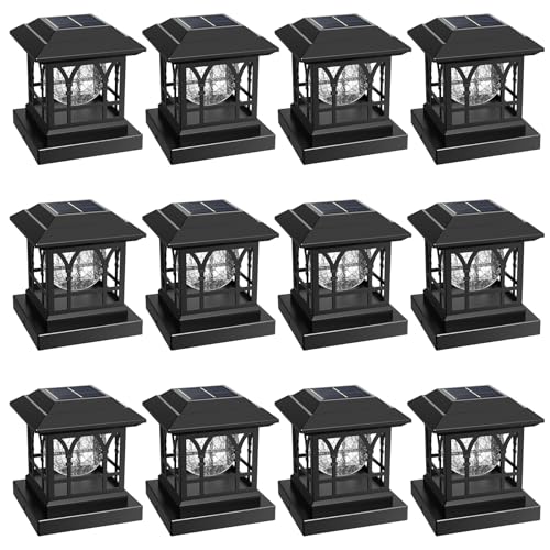 Fence Post Solar Lights, Crackle Glass Solar Post Cap Lights, 20 Lumens, Warm White & RGB Automatic Cycling 2 Modes for 3.6x3.6 4x4 4.5x4.5 5x5 Vinyl Wooden Posts Decoration, Black (12 Pack) - color: Black, size: 12 Pack