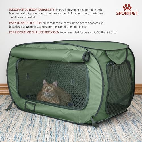 SportPet Designs Soft-Sided Pop-Open Pet Kennel, Medium Portable Travel Crate for Cats & Dogs up to 50 lbs, Foldable Car Kennel with Seatbelt Straps & Washable Waterproof Pad, Green - color: Green
