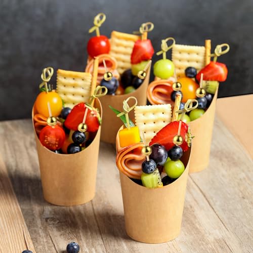 CockStixs 100 Pcs 12 oz Charcuterie Cups with Bamboo Skewers, Disposable Paper Appetizer Snack Holder Brown with Cocktail Picks (100 Cups + 200 Skewers) - size: 100 Pcs Set