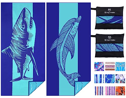 2 Pack Microfiber Lightweight Beach Towel 71"x32" Oversized Extra Large Thin Sand Free Towels Travel Swim Pool Yoga Gym Camping for Adults Women Men Beach Essentials Accessories Vacation Gift - color: 2 Pack Dolphin Shark