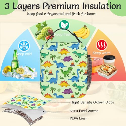 Dinosaurs Reusable Lunch Bag,Cartoon Volcano Green Trees Insulated Lunch Box with Side Pockets for Girls Boys Women Portable Thermal Cooler Bag for Teens School,Work,Picnic,Beach - color: Dinosaurs