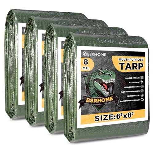 Tarps Waterproof 6x8 Feet, 4 Pack Heavy Duty Green Tarp Cover 8 Mil Thick, Resistant Plastic Tarpaulin with Metal Grommets, Outdoor Tent Cover for Emergency Rain - color: Green-8mil, size: 6'x8' 4pk
