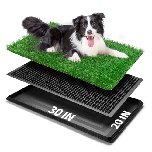 Indoor Dog Potty Grass with Tray Large, Reusable Dog Pee Grass Pad with Tray, Artificial Grass Turf for Puppy Potty Training, Outdoor Portable Pet Loo Toilet, 3-Layer System, 30" × 20" - size: L 30x20x1.2IN-1 Grass Pad