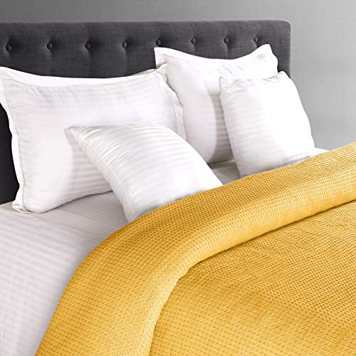 GLAMBURG 100% Cotton Thermal Blanket, Breathable Waffle Blanket, King Size, All Season, Mustard Yellow - color: Mustard, size: King (90"x102")