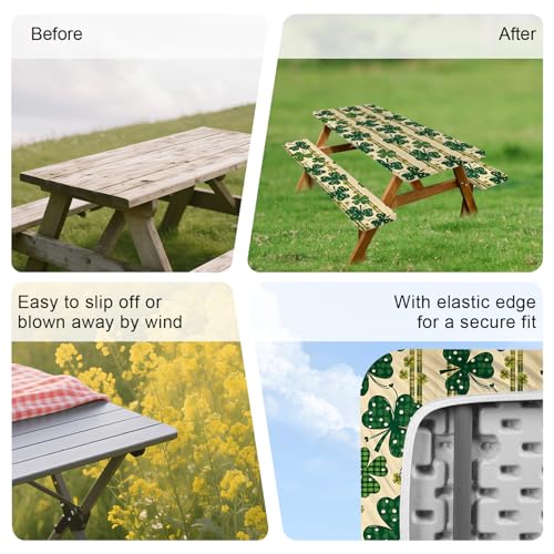 ANNA QUEEN St. Patrick’s Day Clover 6FT Picnic Table Cover with Bench Covers Set of 3 with Drawstring Bag, Green Clover 72"x30" Waterproof Picnic Tablecloth & Bench Covers for Outdoor Dining - color: #53