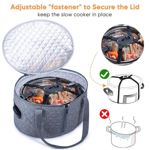 BAGSPRITE Slow Cooker Carrying Case Compatible with 6-8 Quart Crockpot Carrier for Hot Food and Hamlton Beach Slow Cooker Tote with Lid Fastener for Crock-pot Dust Cover Applicances - color: Grey