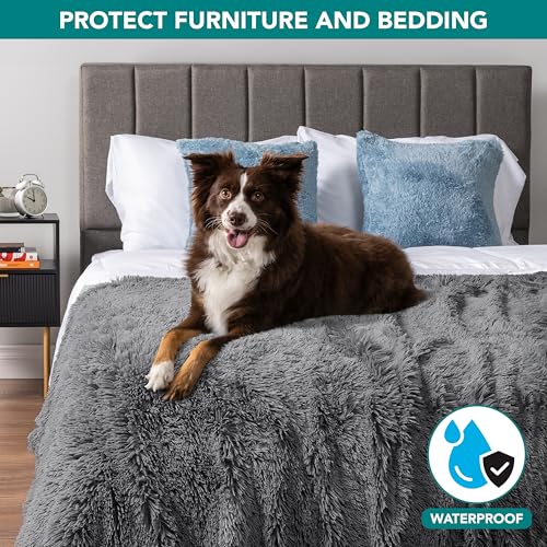 PetAmi Waterproof Dog Blanket for Couch, Queen Bed & Furniture,Reversible Sherpa & Faux Fur Pet Blanket, Leakproof Blanket for Large Dog Cat, Washable Soft Calming Couch Protector Throw (90x90, Gray) - color: Grey, size: Queen (90x90)