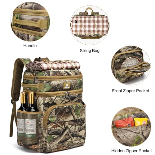 Laripwit Picnic Backpack Cooler - 54 Cans Large Soft Camo Lunch Backpack Bag Insulated Leakproof with Double Deck Compartment - color: Camo-with Stretchy Strap