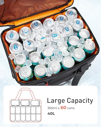 TOURIT Soft Sided Cooler Bag Insulated 30/48/60 Cans, Large Collapsible & Leakproof Ice Chest for Picnic, Beach, Camping, Travel - color: Black, size: 60Can 40L