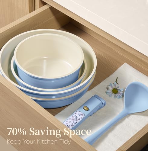 CAROTE 15Pcs Ceramic Cookware Set, Pots and Pans Set Non Stick, Kitchen Cooking Set with Detachable Handle, Non Toxic Induction Cookware, Dishwasher/Oven Safe - color: Light Blue