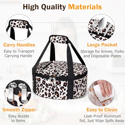 Round Insulated Casserole Carrier – 12" Portable Pie Carrier Bag for Hot or Cold Food, Leakproof Thermal Lunch Tote with Handle for Parties Picnic & Travel - Leopard - color: Leopard, size: Single