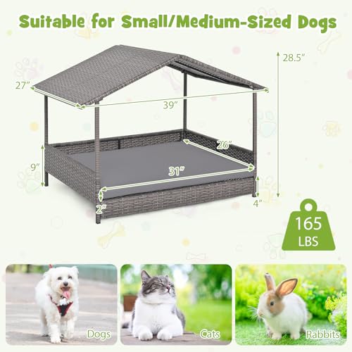 Giantex Outdoor Wicker Dog House with Roof Canopy, Elevated Rattan Dog Bed with Washable Cushion, Weatherproof Patio Pet Bed for Small Medium Dogs, Heavy Duty Metal Frame, 165 lbs, Gray - style: Gray House & Gray Cushion
