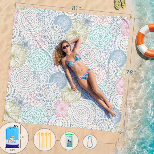 BYDOLL Beach Blanket Waterproof Sandproof Large Sand Free, 78''X81'' Oversized Sandless Lightweight Blanket Picnic Mat for Beach Travel Camping Hiking with Stakes - color: Fresh Circle, size: 78"X81"