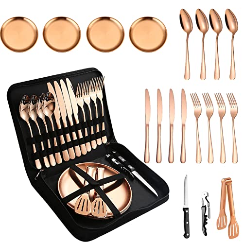 Picnic Tableware Set Camping Dinnerware Copper/Rose Gold Silverware and Plates Kit for 4 Portable Utensils Stainless Steel Dishes Spoons Forks Knives Bottle Opener Food Tongs - size: 20, style: Copper/Rose Gold Camping Flatware