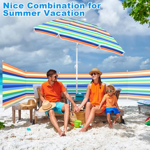 Sliner 20ft Beach Windscreen with 6ft Beach Umbrella UV 50+, Sandbeach Tanning Privacy Screen Kit, Sandbeach Wind Blocker & Umbrella with Sandbag & Anchor, for Patio, Backyard, Outdoor