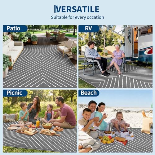 Garvee Grey 6x9 Striped Outdoor Rug Waterproof Reversible Straw Patio Carpet, Geometric Lightweight Foldable RV Camping Mat for Porch, Deck, Patio, Beach, Picnic Quick Gry&Easy to Clean, Grey&White. - color: Greywhite, size: 6' x 9' (Rectangular)