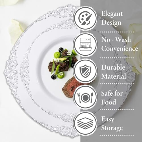 Nervure 350PCS Silver Plastic Plates - Silver Plastic Dinnerware Sets for 50 Guests - 100 Disposable Plates, 150 Silverware, 50 Cups, 50 Napkins for Wedding & Party - color: White and Silver