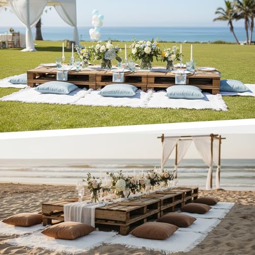 Hahafelt 8 Pcs Outdoor Picnic Blanket 35"x35" Boho Blanket Woven Cotton Yarn Portable Mat Plaid with Fringe Washable for Picnic Party Camping Beach Travel Lawn Indoor Bohemia Decor (White)