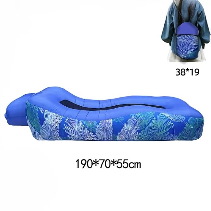 Inflatable Lounger Sofa Bed Blue Leaf Print 210T Tear Protective Nylon with Breathable Mesh Safety Buckle Windproof Nails for Beach Camping Outdoor