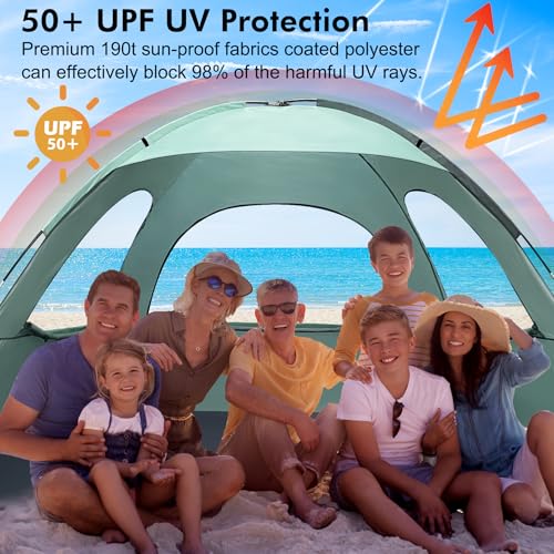 WhiteFang Beach Tent Anti-UV Portable Sun Shade Shelter for 3/4/6/8 Person, Extendable Floor with 3 Ventilating Mesh Windows Plus Carrying Bag, Stakes and Guy Lines - color: Mint Green, size: 8 Person