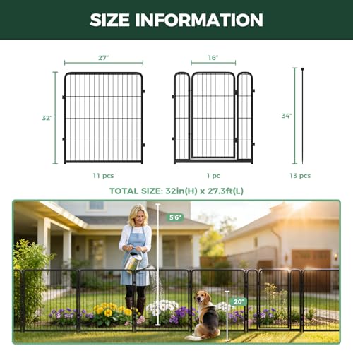 FXW Garden Fence Outdoor for the Yard – 32in(H) x 27.3ft(L) Heavy Duty Metal Animal Barrier for Dog, No Dig Decorative Dog Fence, 12 Panels, Black - color: Black, size: 32"H