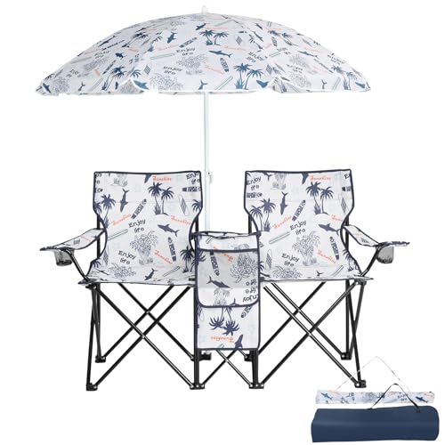 Double Folding Camping Chair W/Umbrella Fold Up Table Beverage Holder Carrying Bag Cooler for Patio Pool Park Outdoor Beach, Picnic, Portable (Coconut) - color: Coconut