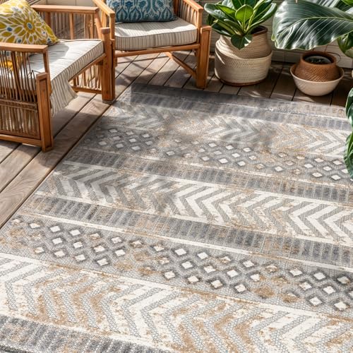 Rugshop Distressed Geometric Indoor/Outdoor Beige Area Rug Modern Tribal Stripe, Durable Stain Resistant Perfect for Patio, Backyard, Deck and Outdoor Lounge 5' x 7' - size: 5' x 7' (Rectangular)