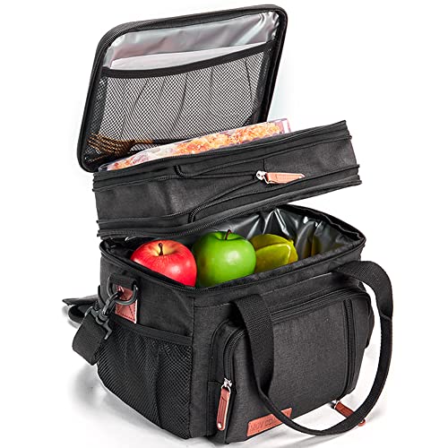 MOV COMPRA Lunch Bags for Men Women, Black Adult Lunch Box for Work, Expandable Leakproof Double Deck Lunch Box Cooler Tote Bag with Removable Shoulder Strap（Black） - color: Black