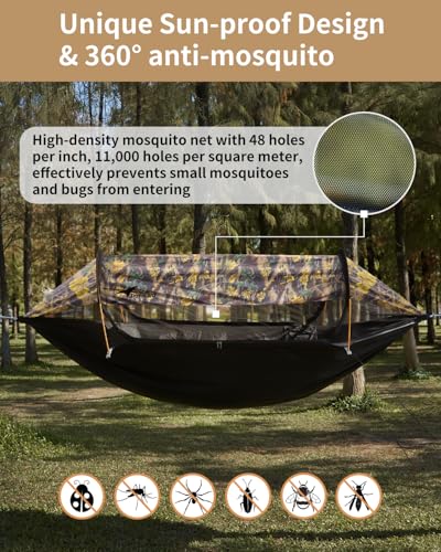 Camping Hammock Tent with Mosquito Net and Sunshade, Extra Large for 2 Person, Lightweight Hanging Hammocks Tree Straps, Bivvy Ground Tent for Outside, Hiking, and Travel - color: Hammock-camouflage