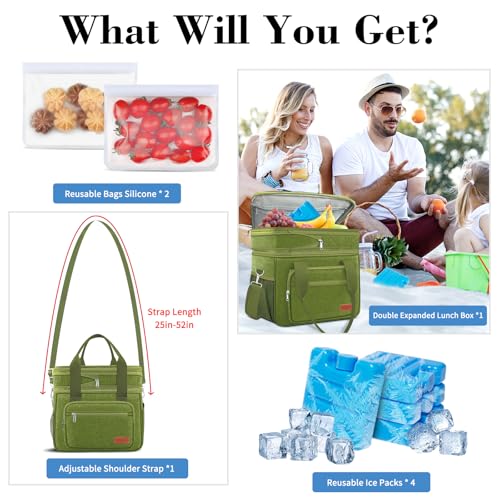 Coobiiya Insulated Lunch Box for Men & Women, Leakproof Lunch Bag Cooler Bag with 4 Pockets,Heavy Duty Lunch Bags Men Cooler Bags for Camping, Travel, Work Kayaking & Beach - color: Green, size: X Large – 23L (Double-Layer)