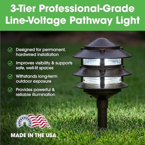 Greenfield Weatherproof Line-Voltage (120V) 3-Tier LED Outdoor Pathway Light – Permanent Outside Light for Walkway, Driveway & Landscaping – Professional Grade & Made in USA – Bronze - color: Bronze