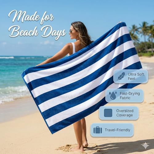 Velour Cabana Beach Towel 2 Pack, 30” x 60” Soft Plush Cotton Pool Towel, Absorbent Quick Dry Travel Towel for Beach, Pool, Spa (Classic Navy) - color: Classic Navy, size: 2 Pack