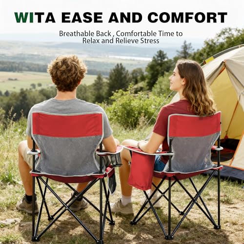 Portable Outdoor Folding Chair with Cup Holder & Cooler Bag - Breathable Mesh, Wide Armrests, Ergonomic Design for Camping, Beach, Backyard - Includes Storage Bag & Bottle Opener (Black/Green/Red) - color: 01-red