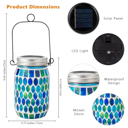 Starsoul 2 Pack Solar Lanterns Outdoor Waterproof, Decorative Teal Mosaic Glass Outdoor Lantern, Hanging Solar Garden Lights for Outside Pathway Patio Porch Yard Table, Gifts for Women Mom Grandma - color: Teal-2PC