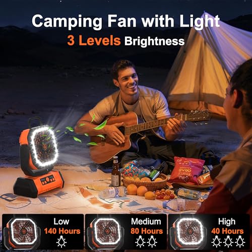 Honesorn Portable Rechargeable Fan 20000mAh, Camping Fan with LED Light & Remote, USB C Cordless Battery Powered, 4 Speeds Timer Hanging Hook for Travel Tent Outdoor Essentials - Orange - color: Orange