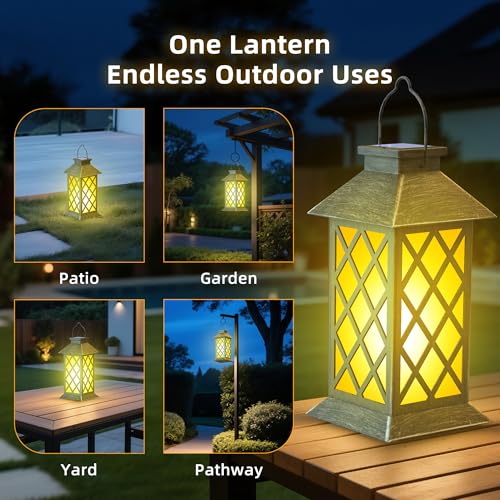 2 Pack 13" Solar Lanterns with Flickering Flame Candle, Outdoor Waterproof Hanging Lantern Lights Metal & Glass for Patio, Pathway, Garden Decorative, Gifts for Mom - style: Bronze-Cross01