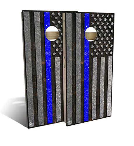 Slick Woody's Professional-Grade Cornhole Boards - 4'x2' Solid Wood Regulation Man Cave + Beer Branded Corn Hole Toss Game with 8 Resin Filled Bags - color: Thin Blue Line