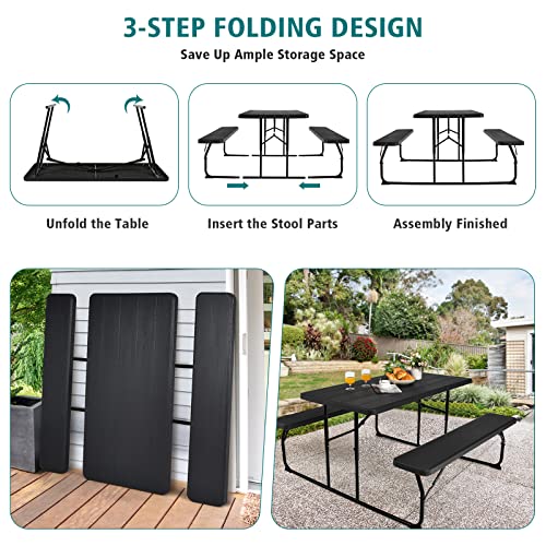 S AFSTAR Folding Picnic Table Bench Set, Foldable Picnic Table with 2 Benches, Outdoor Table and Bench W/Steel Frame & Wood-Like Texture Tabletop, Camping Table Chair Set for Garden Patio Lawn (Black) - color: Black