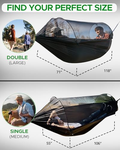 Sunyear Camping Hammock with Net - Double&Single Hammock with House-Like Net- Easy Setup & Pack, Lightweight & Portable, Perfect for Hiking, Backpacking, Outdoor Sleeping - color: Dark Green & Light Green, size: 118"L x 71"W