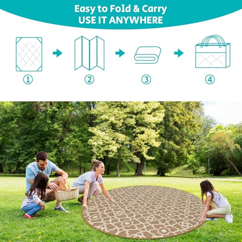 HEBE Outdoor Rug Waterproof 8ft, Plastic Straw Rug Camping Rug, Reversible Outdoor Patio Rugs RV Mat Clearance, Indoor Outside Floor Carpet for Porch,Deck,Camper,Balcony,Backyard - color: Beige, size: 8' (Round)