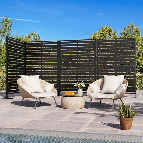 Modern Shade Metal Privacy Screen Outdoor 72" H x 48" W, Stable & Durable Privacy Fence Panels for Instant Privacy & Space Division, Freestanding Decorative Patio Screens for Outdoor, Black (4 Panel) - size: 4 Panel
