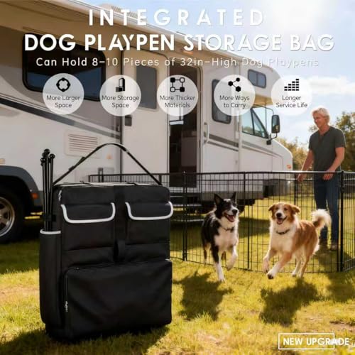 Dog Playpen Storage Bag, Fits 32" H 8 Panels and 9 Stakes, Heavy Duty Waterproof 1680D Oxford + Shockproof Pearl Cotton, Portable Dog Fence Bag for RV Trips and Camping, Only Bag