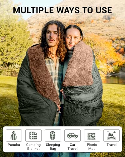 KingCamp Large Camping Blanket with Sherpa Lining, Packable Down Alternative Puffy Printed Wearable Blanket with Snap Buttons, Warm Weatherproof Quilt for Outdoor Travel (79" L x 57" W, Khaki/Olive) - color: Sherpa-khaki/Olive, size: 79" x 57"- Sherpa Fle