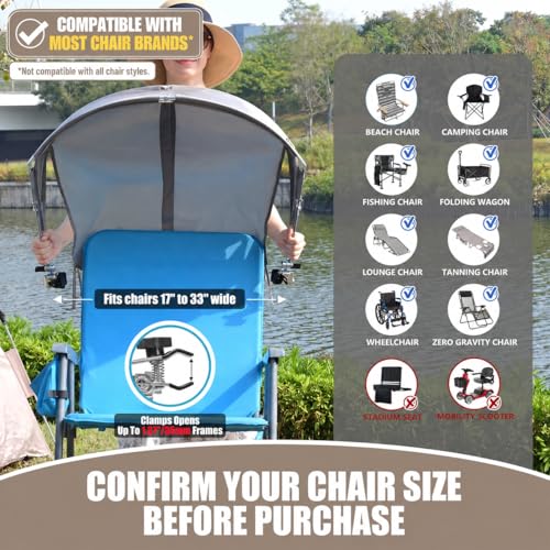 Universal Wind-Resistant Chair Umbrella Canopy, Foldable Portable UPF 50+ Sun Shade Attachment with Adjustable Clamp, Fits Most Beach, Camping, Lawn, Sports, Tanning, Zero Gravity Chairs, Patented - style: Regular